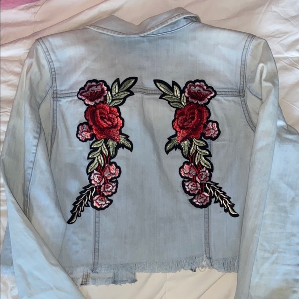 Custom Embroidered Rose Light Denim Jacket